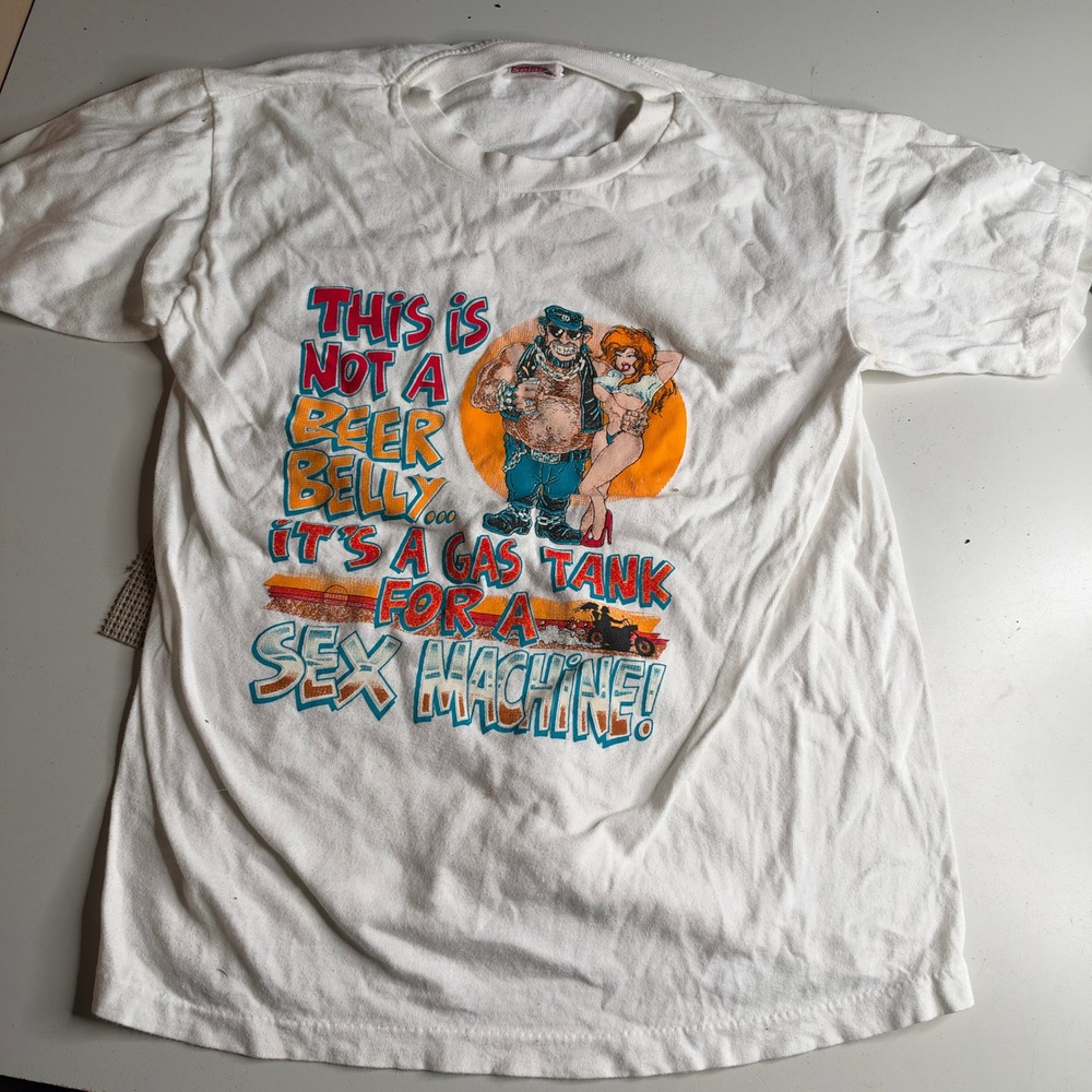 Vintage Solar-T Beer Belly Gas Tank Sex Machine Biker Graphic T-Shirt White L